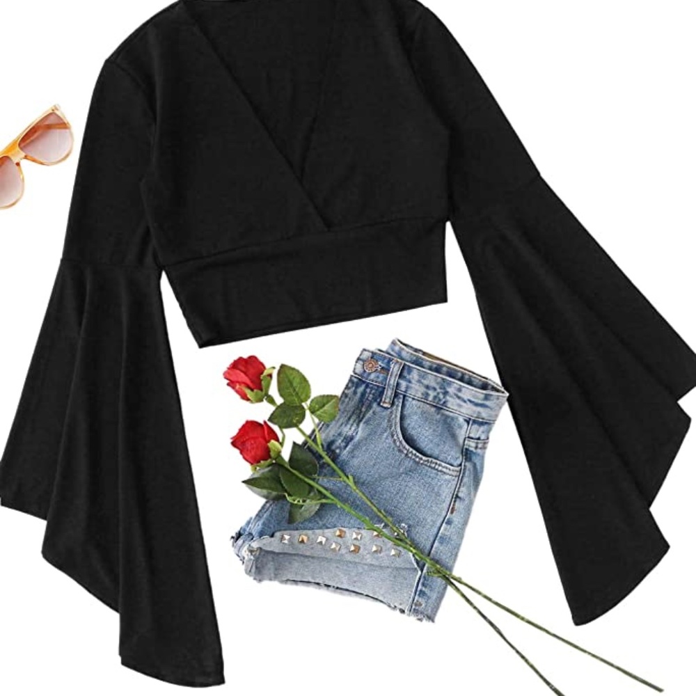 Women's V Neck Long Bell Sleeve Wrap Blouse Top Tee Shirts - Picture 3 of 8